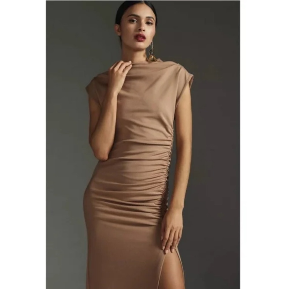Anthropologie Tan Ruched Cowl Neck Bodycon Dress